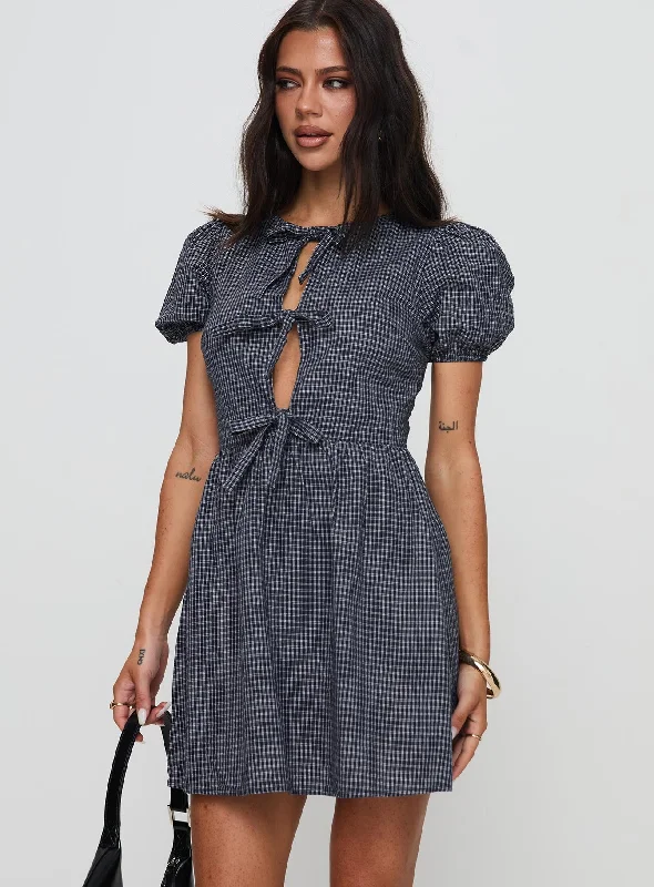 Nurture Bow Mini Dress Navy Check Silk mini dresses