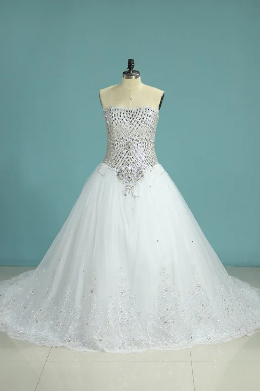 Gorgeous Sweetheart Wedding Dresses A Line Tulle With Beads&Rhinestones Lace A-line Dress