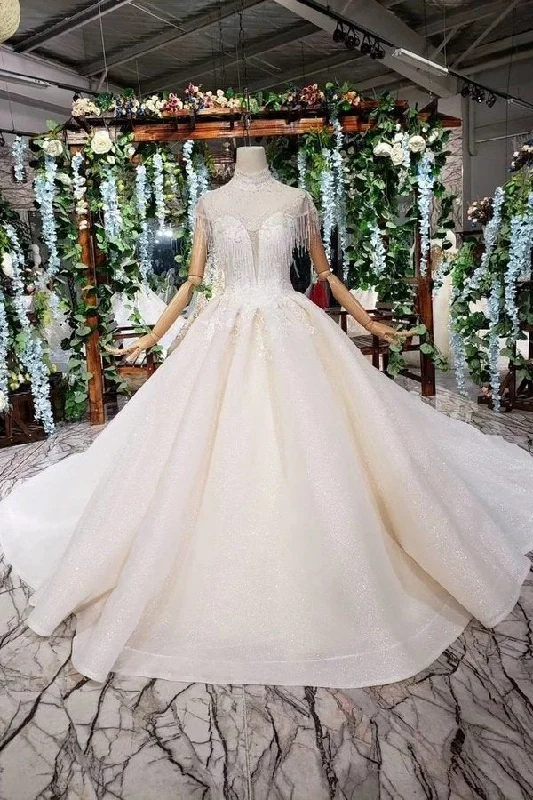 2024 Wedding Dresses Royal Train High Neck Short Sleeves Lace PN7X7BCL Soft Satin Bridal