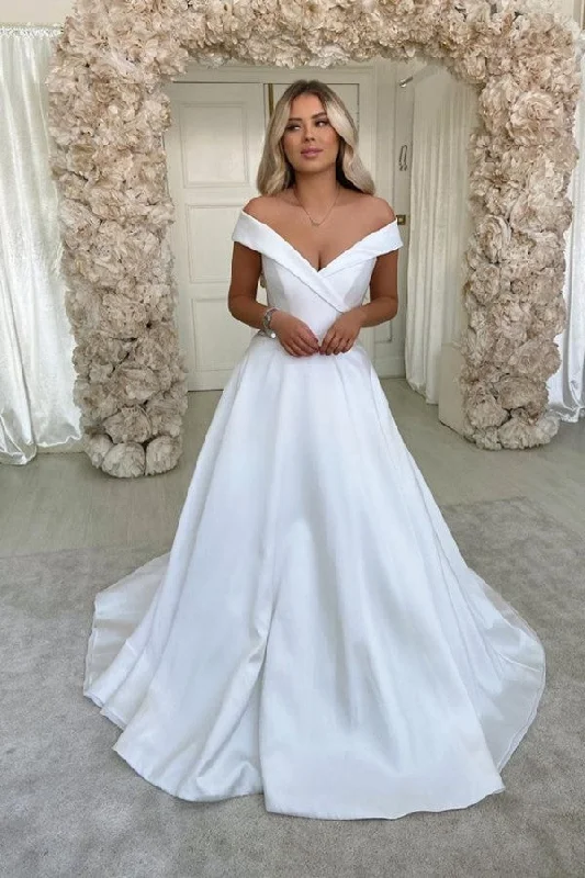 A-Line Off-the-Shoulder Satin Long Wedding Dress Off-shoulder Bridal Gown