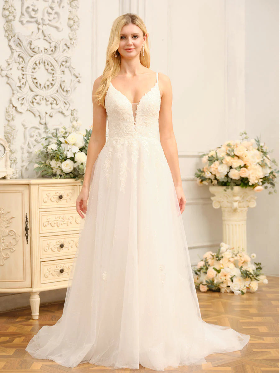 A-Line/Princess Spaghetti Straps Sleeveless Long Wedding Dresses With Appliques Elegant A-line Gown