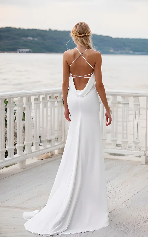 Beach Simple Elegant Cowl Back Sheath Wedding Dress Minimalist Halter Neck Cross Straps Bridal Gown Full Skirt Wedding