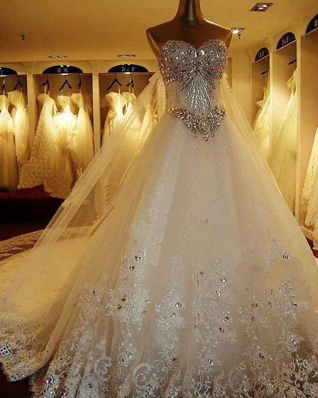 Bling Bling Wedding Dresses Crystal Beaded Sweetheart Lace Boho Dress