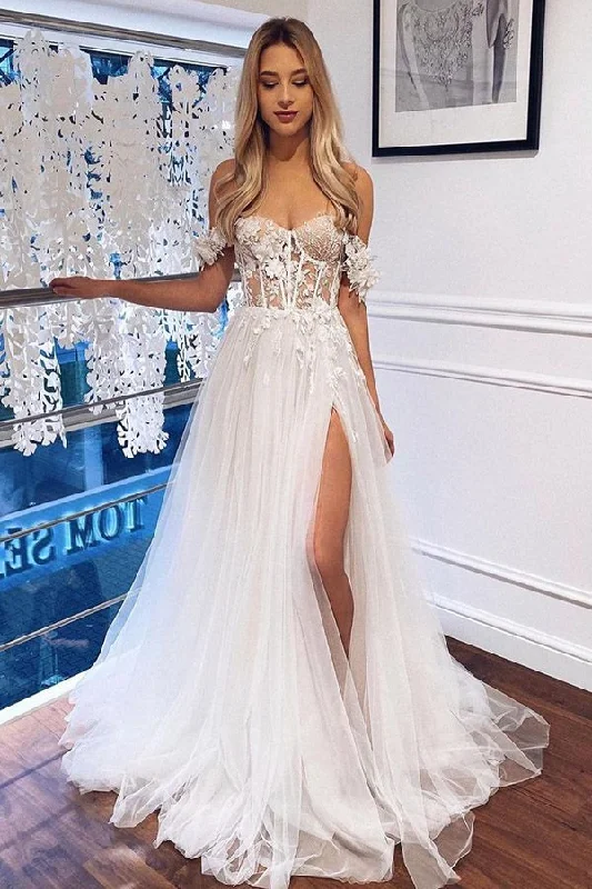 Boho Off-the-Shoulder White A-Line Wedding Dress with Lace Ball Gown Wedding