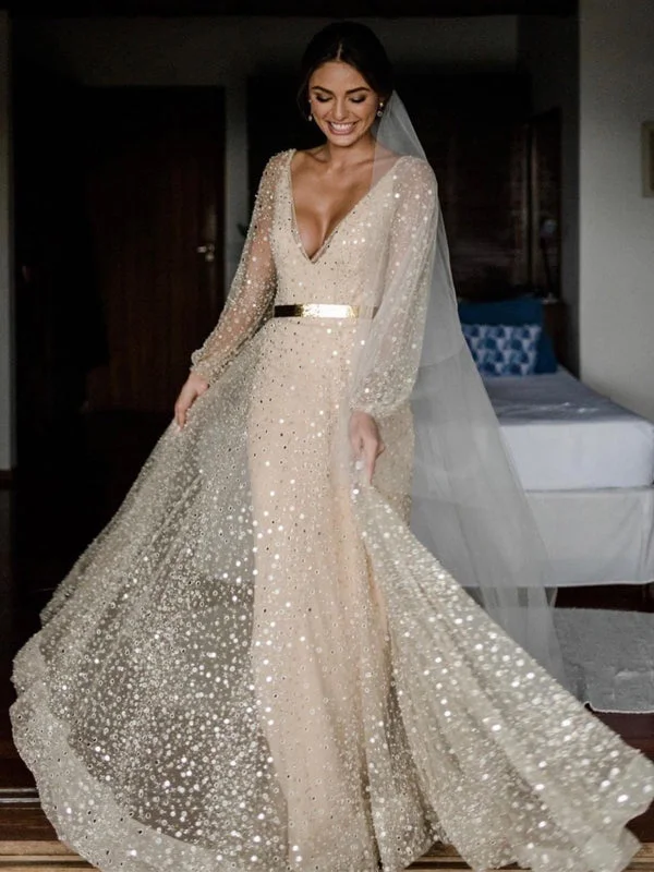 Charming V Neck Long Sleeve A-line Tulle Cheap Wedding Dresses, TYP0017 Chic Lace Dress