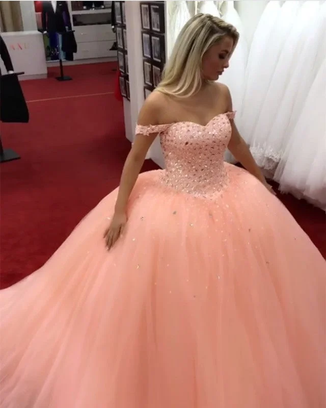 Crystal Beaded Sweetheart Off Shoulder Ball Gowns Coral Wedding Dresses Mermaid Lace Gown