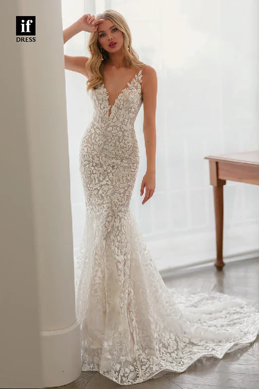 30567 - Illusion V-Neck Allover Lace Mermaid Wedding Dress Beaded Wedding Gown