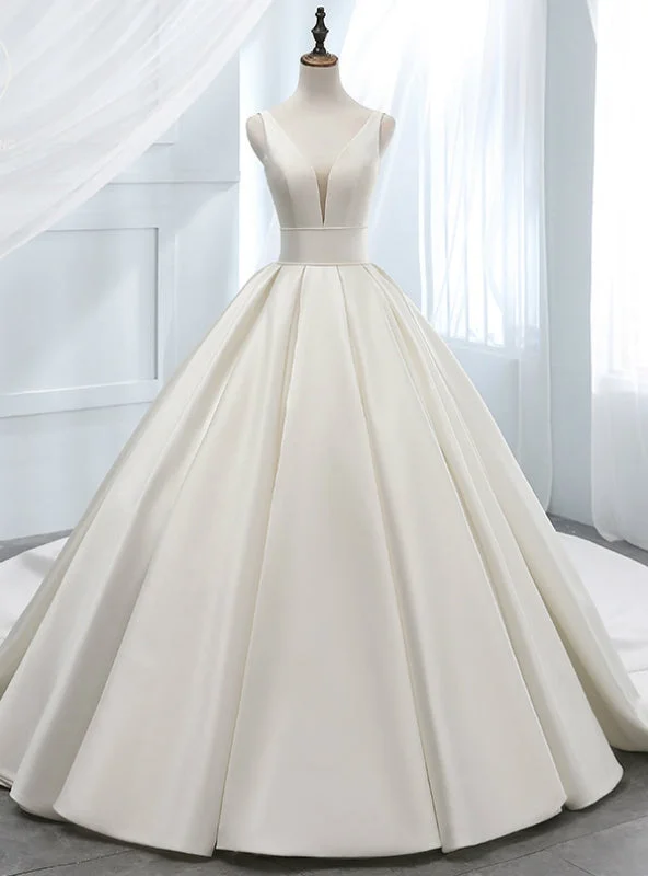 Elegant White Ball Gown Satin V-neck Backless Wedding Dress Romantic Lace Dress