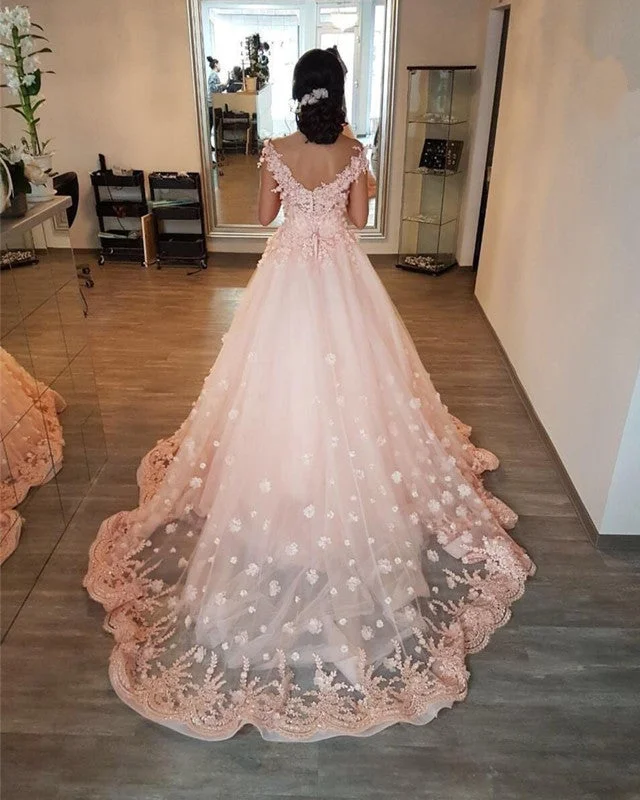 Gorgeous Lace Embroidery V-neck Off Shoulder Tulle Peach Wedding Dresses Sexy Satin Gown