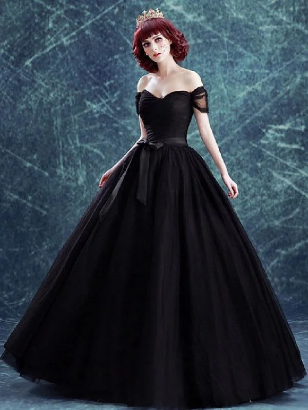 Gothic Wedding Dresses Tulle Princess Silhouette Short Sleeves Natural Waist Pleated Floor-Length Bridal Gown Classic Satin Gown