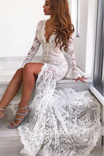 Long Sleeves Mermaid Lace V Neck Wedding Dresses with Slit, Wedding STI15651 Lace Wedding Gown