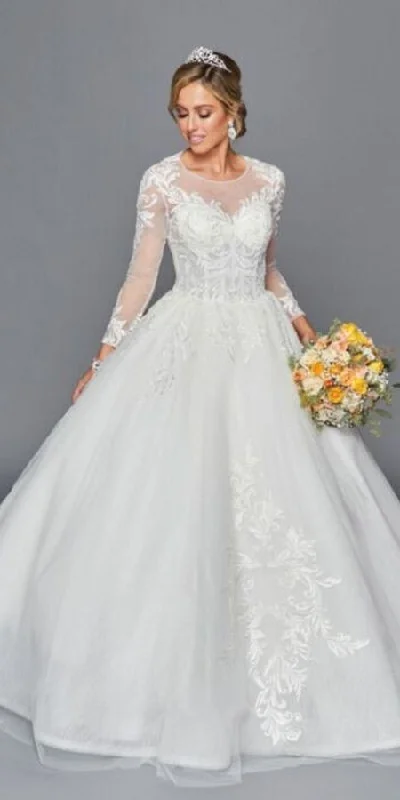 DeKlaire Bridal 443 Long Sleeve A-Line Wedding Gown Boat Neckline Beaded Lace Satin Bridal Gown