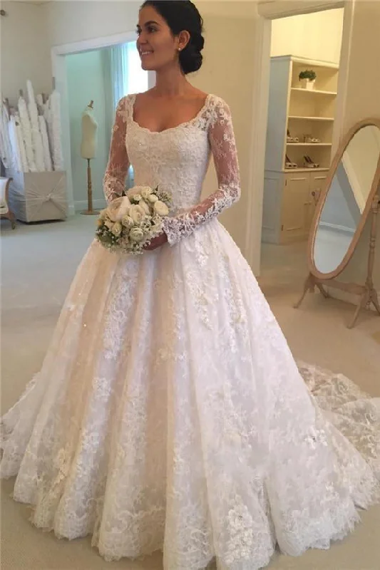 Luxury Lace And Tulle Illusion Sleeve Ball Gown Princess Wedding Dress-715712 Chic Wedding Gown