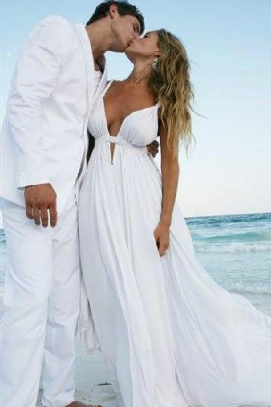 Pretty V-neck Open Back Chiffon Long Beach Wedding Dress Sexy Lace Gown