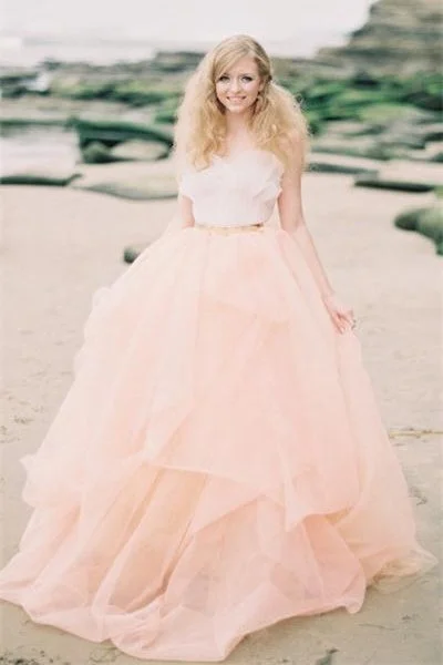 Simple Princess Pink Tulle Wedding Dress,Wedding Gowns Classic Lace Gown