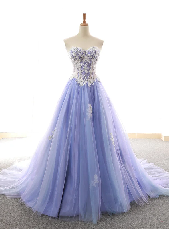 Purple Sweetheart Tulle Lace Appliques Wedding Dress Chic Bridal Gown