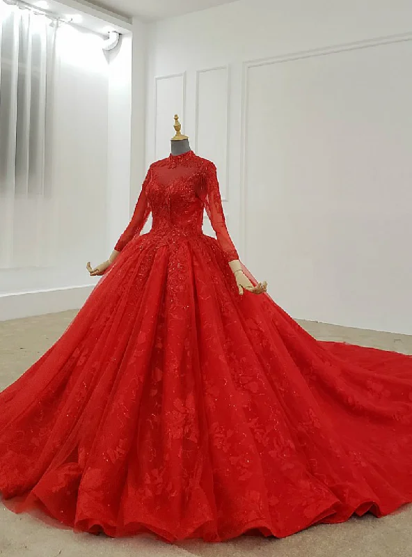 Red Ball Gown Tulle Lace High Neck Long Sleeve Beading Wedding Dress Illusion Neckline Gown