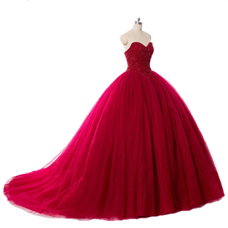 Red Ball Gown Wedding Dresses Princess Puffy Red Lace Bridal Dresses for Women Simple Satin Gown