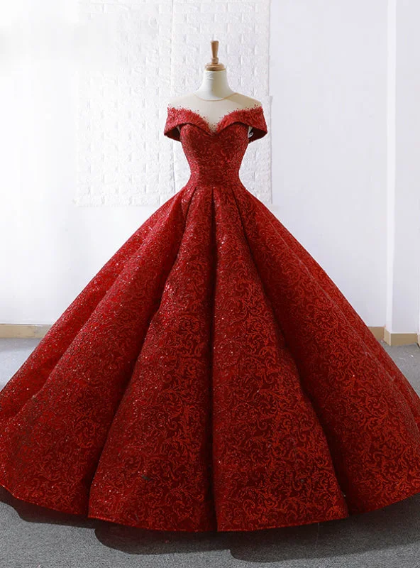 Red Lace Ball Gown See Through Neck Cap Sleeve Wedding Dress Lace Sleeveless Dress