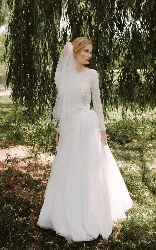 Scoop Long Sleeve Tulle Dress With Lace Top-712115 Tiered Wedding Dress