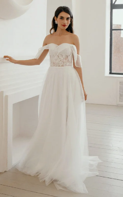 Sexy Off the Shoulder A Line Tulle Sweetheart Sweep Train Wedding Dress with Split Front-716070 Princess Wedding Dress