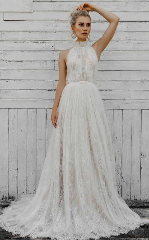 Simple Sleeveless A-Line Tulle Lace Wedding Dress With Halter Neckline And Button Back-716439 Sparkle Bridal Dress