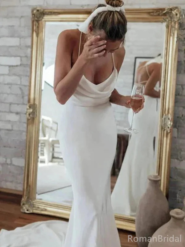 Simple Spaghetti Strap Sleeveless Mermaid White Satin Long Wedding Dresses With Trailing, WD0550 Boho Wedding Gown