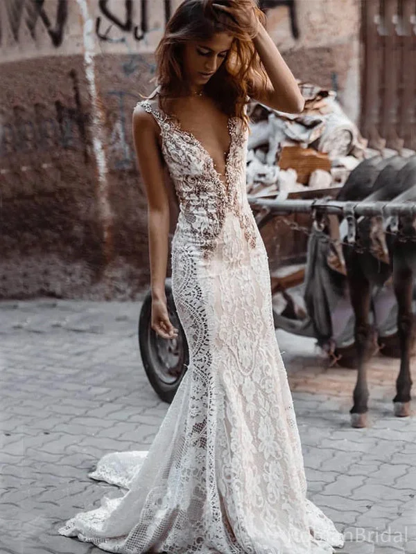 Elegant V-neck Sleeveless Mermaid White Lace Long Wedding Dresses With Trailing, WD0551 Wedding Dress Set