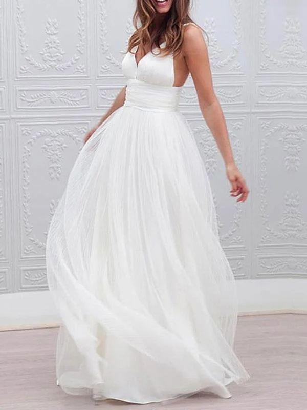 Simple Wedding Dresses 2021 A Line V Neck Straps Backless Tulle Beach Wedding Bridal Dress Floral Bridal Gown