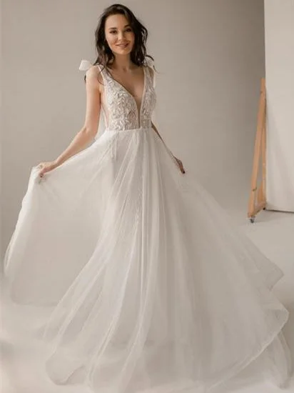 Sleeveless Ivory Sequin Tulle Wedding Dresses, Appliques Wedding Dresses, A-line Wedding Dresses, 2021 Wedding Dresses Soft Lace Gown