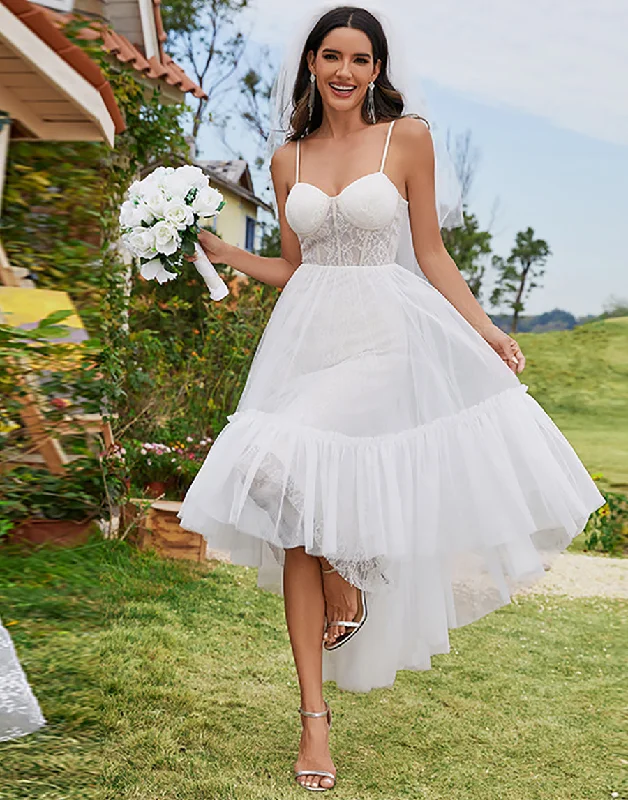 Tulle Sweetheart Spaghetti Strap High Low Wholesale Wedding Dress Sparkling Wedding Dress