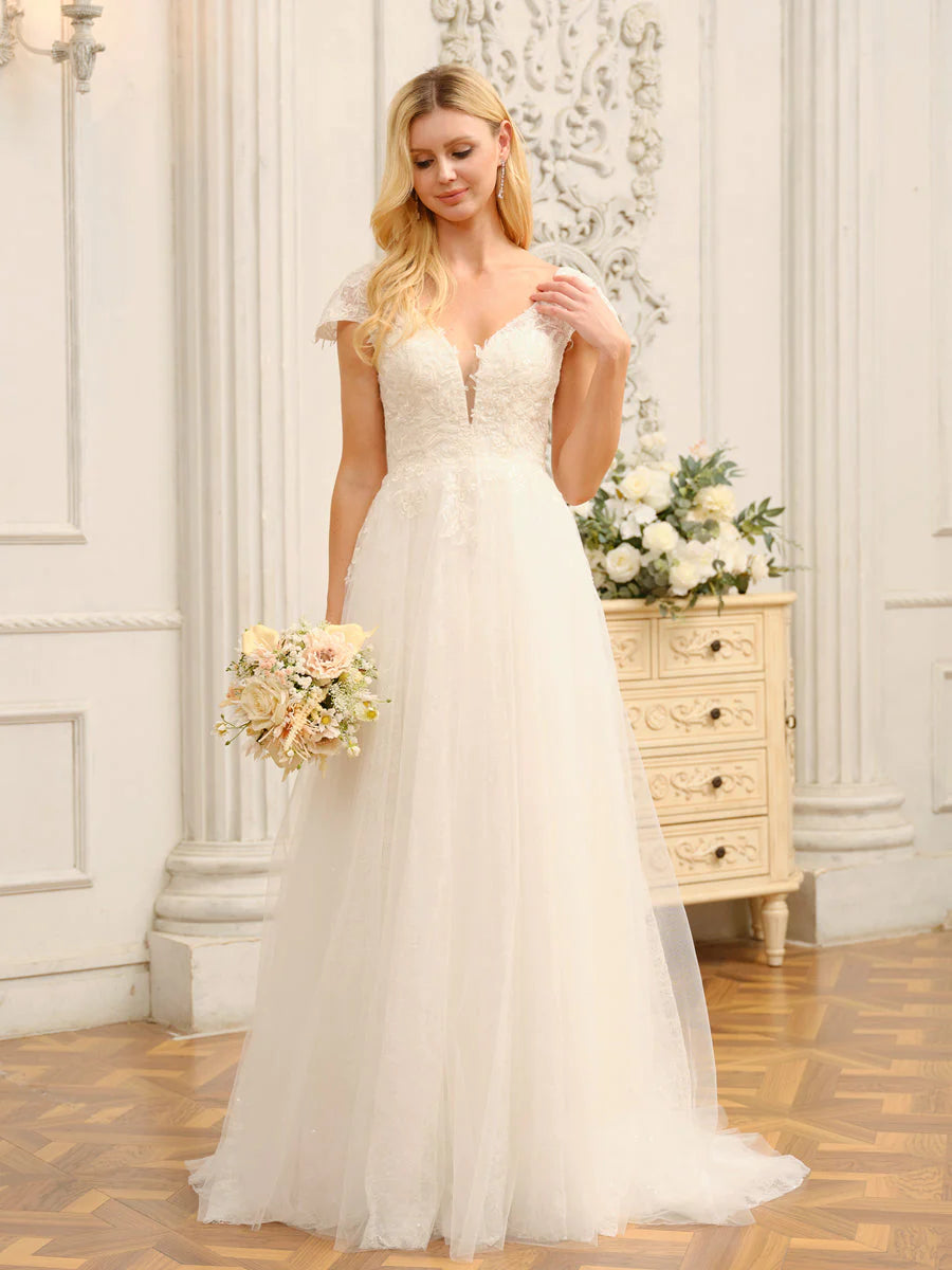 V-Neck Short Sleeves Long Wedding Dresses With Appliques Sexy Wedding Dress