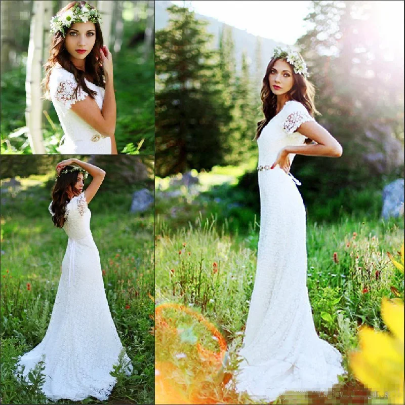 Vintage Country Modest Cap Sleeve Bohemian Crochet Lace A-line Wedding Dress with Beaded Belt-715367 Lace Wedding Dress