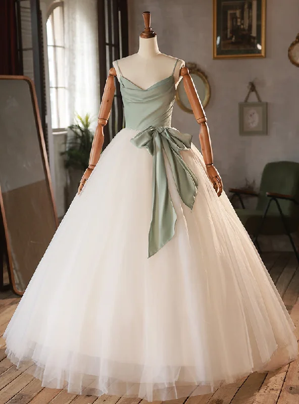 White Tulle Green Satin Spaghetti Straps Wedding Dress Romantic Wedding Dress