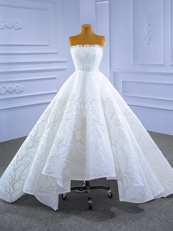 White Tulle  Strapless Wedding Dress With Detachable Train Elegant Satin Dress