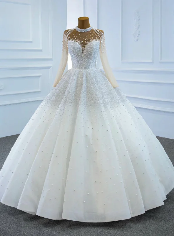 White Tulle High Neck Long Sleeve Pearls Wedding Dress Floral Wedding Gown