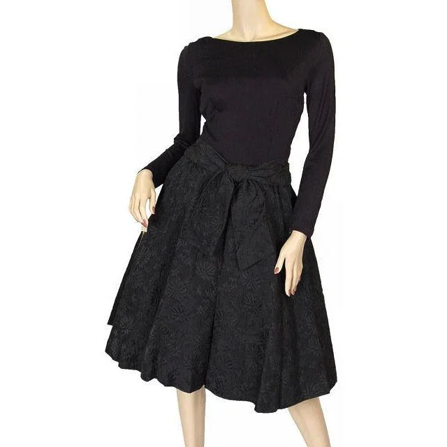 Vintage Black Jersey Dress W/Textured Brocade Skirt Nan Wynn 1950s 36-24-Free Polka dot unclassified skirts