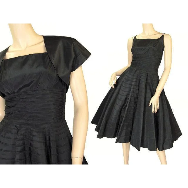 Vintage Black Taffeta Concentric Circle Skirt Dress W/Bolero 1950s 34-28-Free Striped unclassified skirts