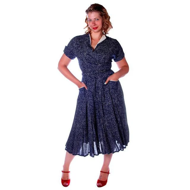 Vintage Blue Linen Day Dress Full Skirt 1950 38 Bust Floral unclassified skirts