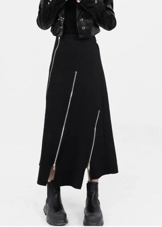 Women Black Asymmetrical Zippered Cotton Skirts Summer Pencil unclassified skirts