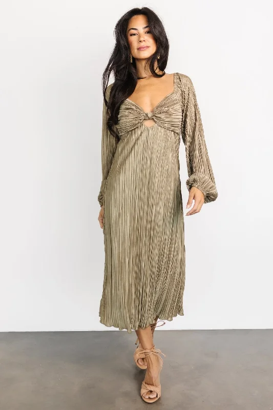 Amani Pleated Midi Dress | Olive Satin midi dresses