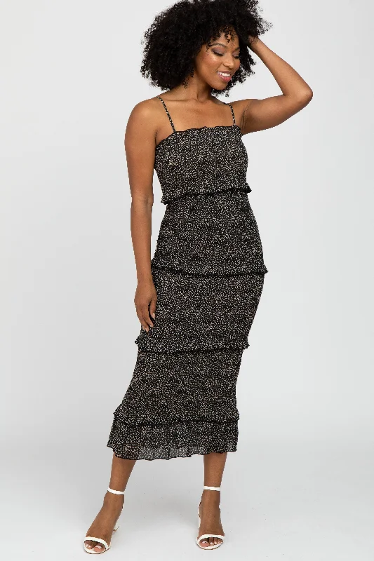 Black Animal Print Smocked Fitted Midi Dress Fashion-forward midi dresses