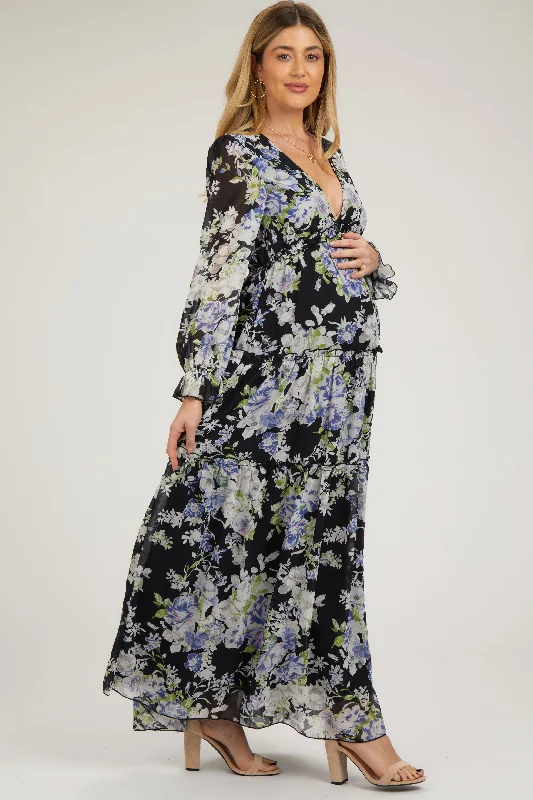 Black Floral Chiffon Deep V Ruffle Tiered Maternity Maxi Dress Women's maxi dresses