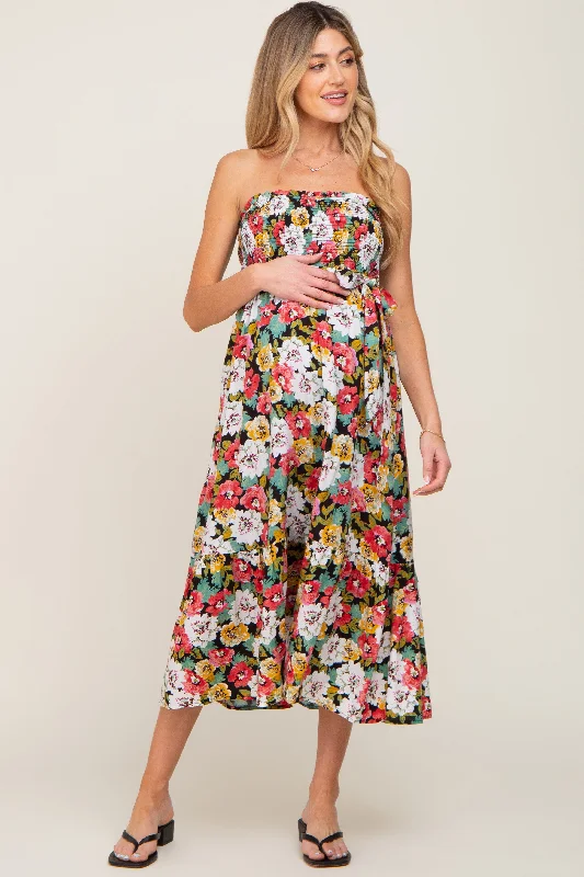 Black Floral Smocked Strapless Maternity Midi Dress Comfortable midi dresses for everyday wear