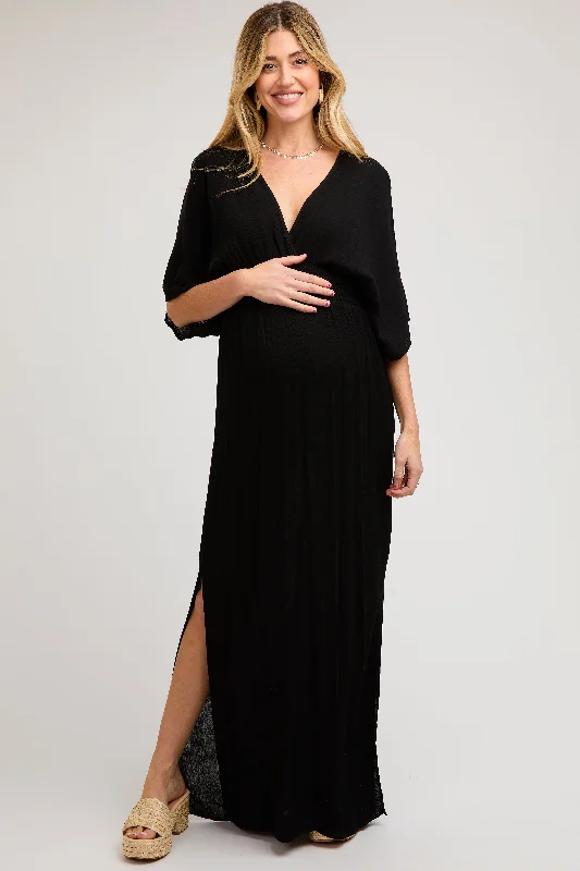 Black Lightweight Deep V-Neck Maternity Maxi Dress Comfortable maxi dresses for everyday wear