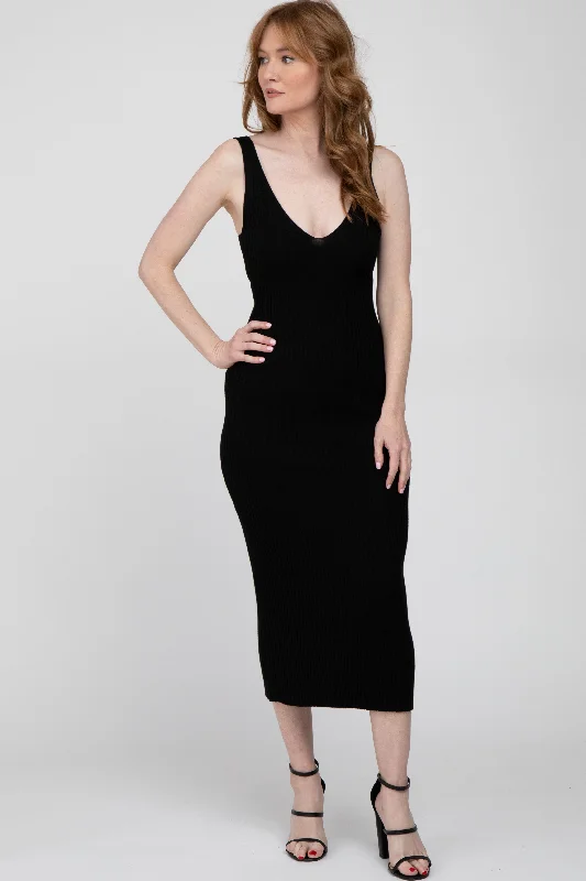 Black Ribbed Sleeveless Knit Midi Dress Best midi dresses for curvy figures