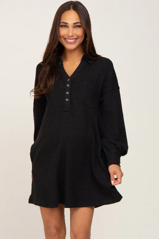 Black Waffle Knit Collared Long Sleeve Maternity Dress Best maxi dresses for curvy figures