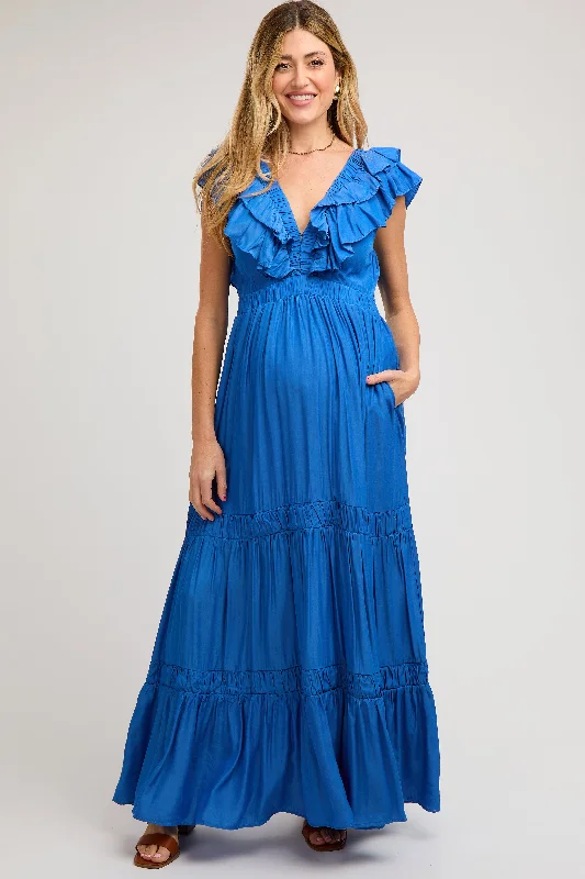 Blue Layered Ruffle Tiered Maternity Maxi Dress Best maxi dresses for date night