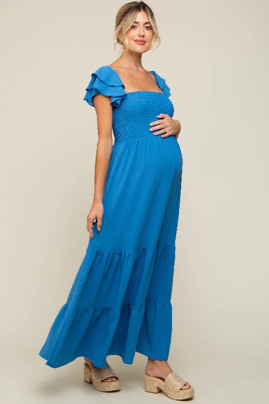 Blue Smocked Ruffle Off Shoulder Tiered Maternity Maxi Dress Luxury maxi dresses