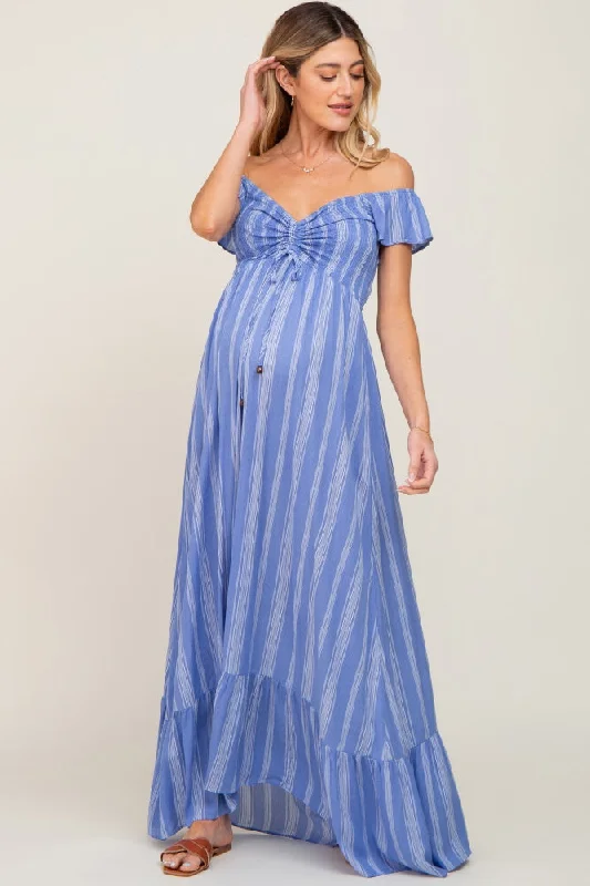 Blue Striped Off Shoulder Front Tie Maternity Maxi Dress Knitted maxi dresses